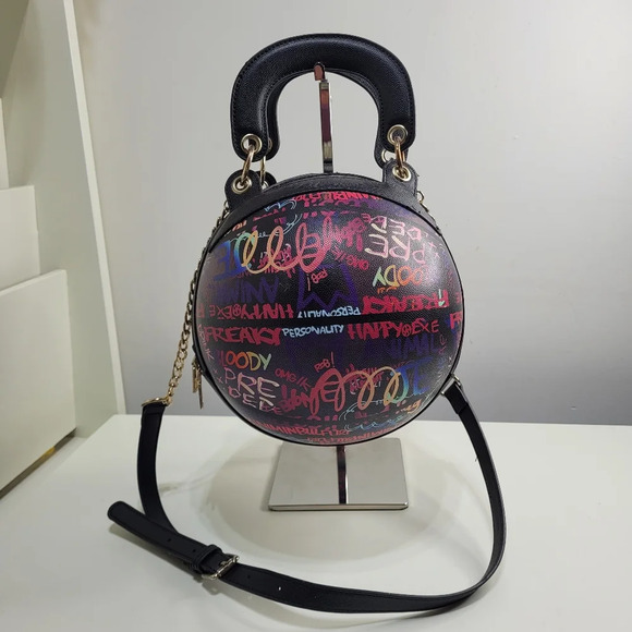 Graffiti BasketBall Shaped Shoulder Bag Crossbody Small Round Tote Handbag - Picture 4 of 11